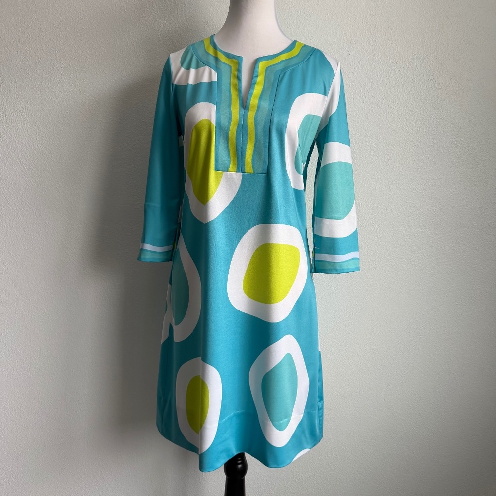 Gretchen Scott 50s Style Artsy Boho 3/4 Sleeve‎ Teal Citron Shift Dress